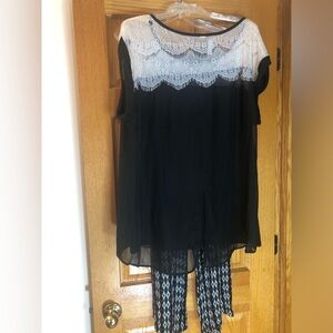 About A Girl Black and White Palazzo Pants with BlackKnit Top with White Accents
